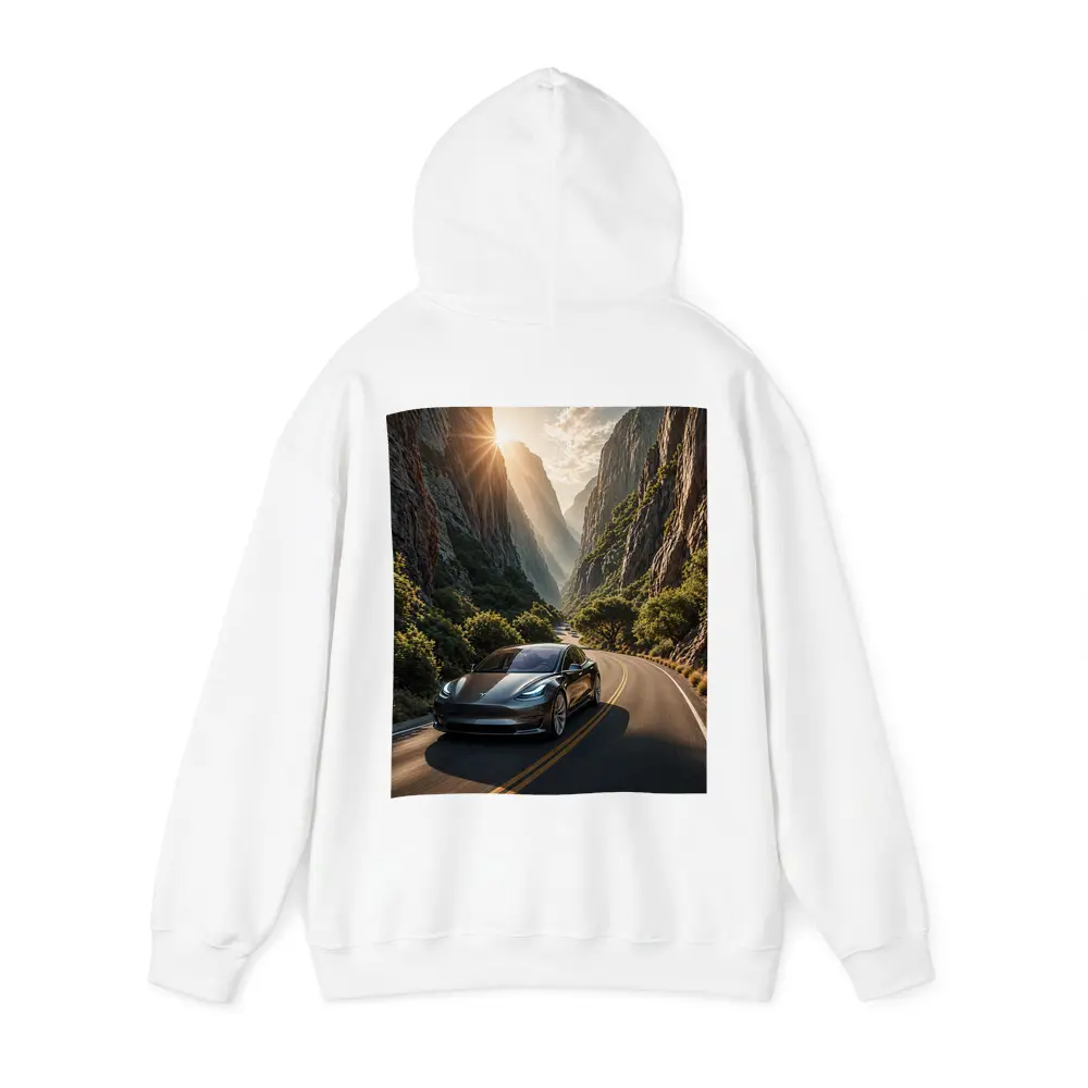 Tesla Model 3 Driving Through Mountain Canyon – Hoodies
