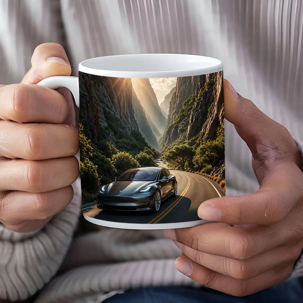 Tesla Model 3 Driving Through Mountain Canyon – Mugs