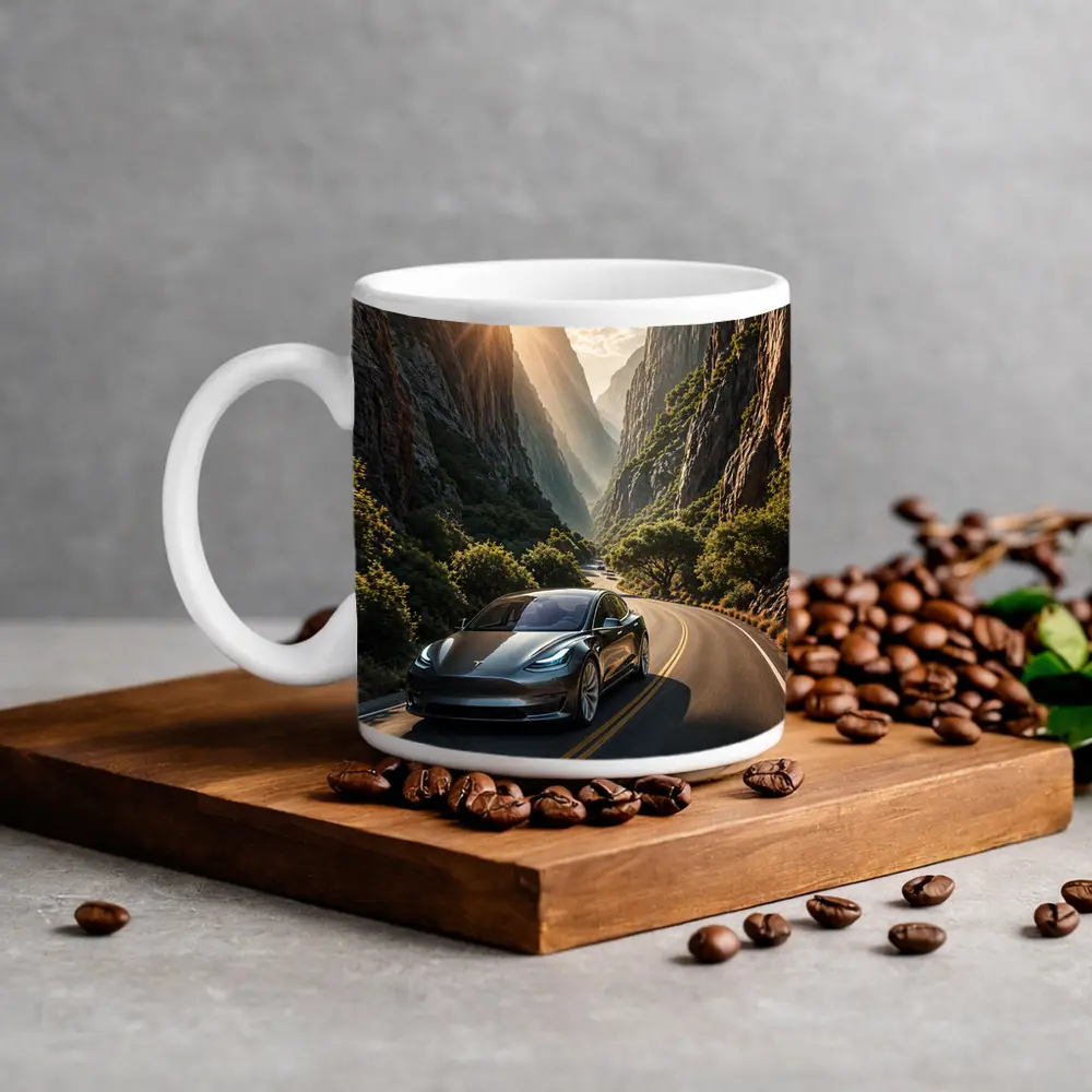 Tesla Model 3 Driving Through Mountain Canyon – Mugs