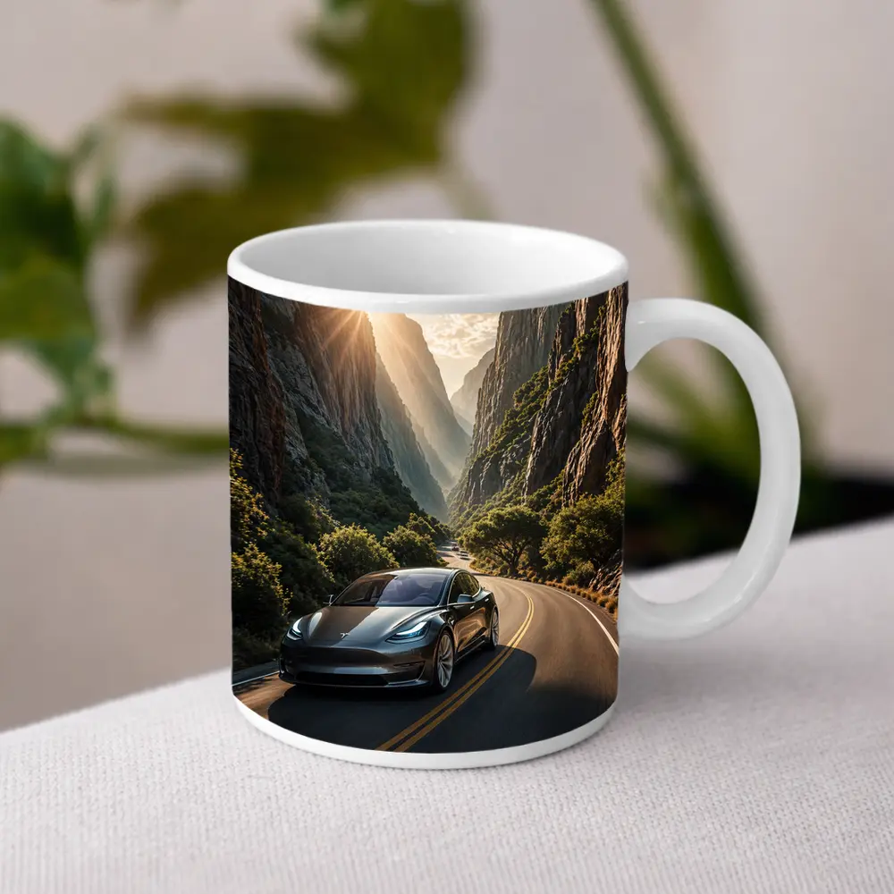 Tesla Model 3 Driving Through Mountain Canyon – Mugs