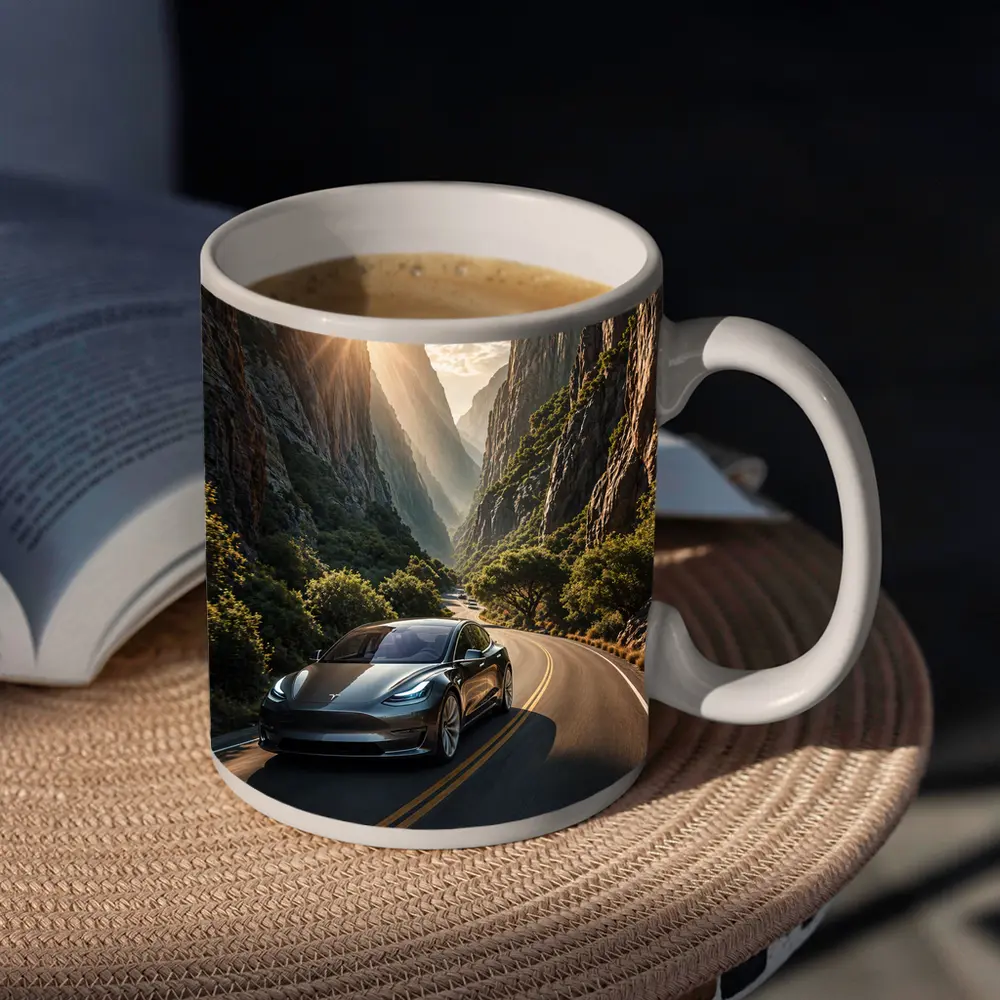 Tesla Model 3 Driving Through Mountain Canyon – Mugs