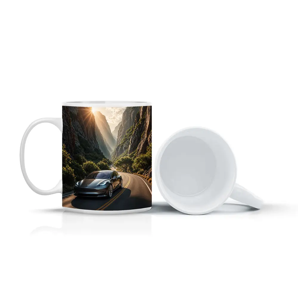 Tesla Model 3 Driving Through Mountain Canyon – Mugs
