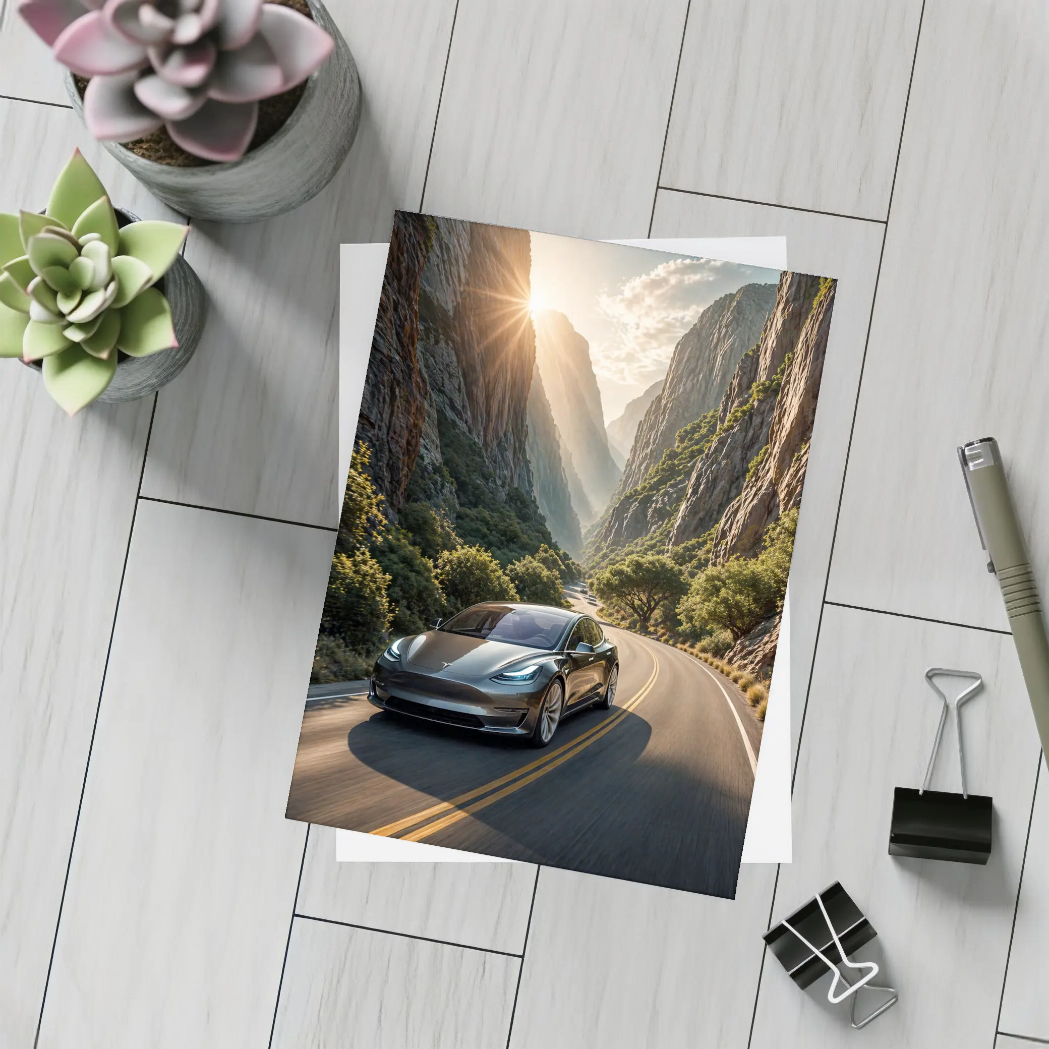 Tesla Model 3 Driving Through Mountain Canyon – Postcards