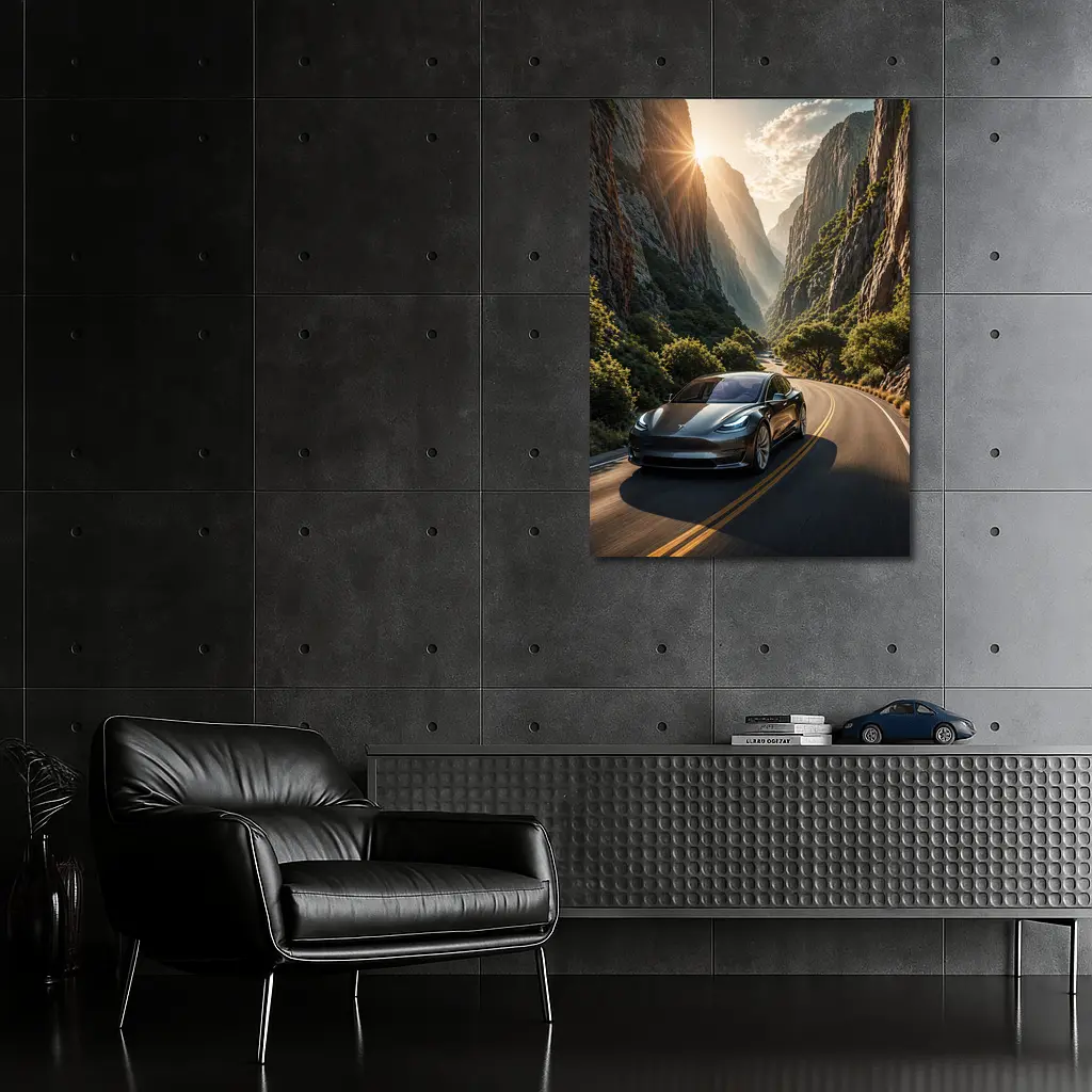 Tesla Model 3 Driving Through Mountain Canyon – Wall Art