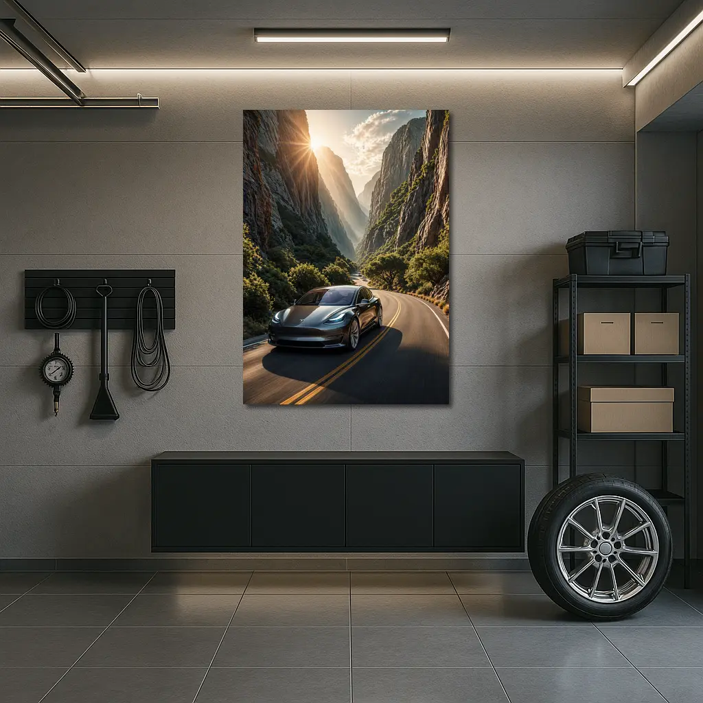 Tesla Model 3 Driving Through Mountain Canyon – Wall Art