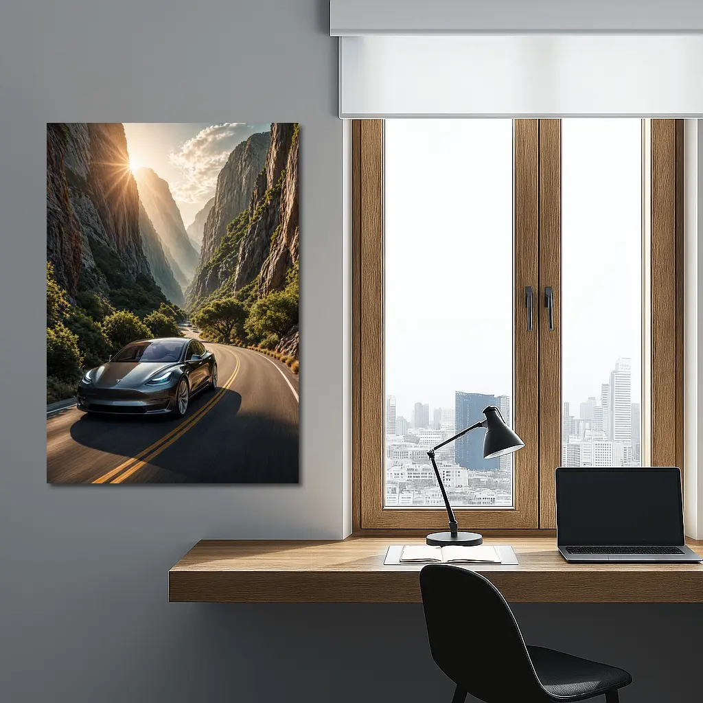 Tesla Model 3 Driving Through Mountain Canyon – Wall Art