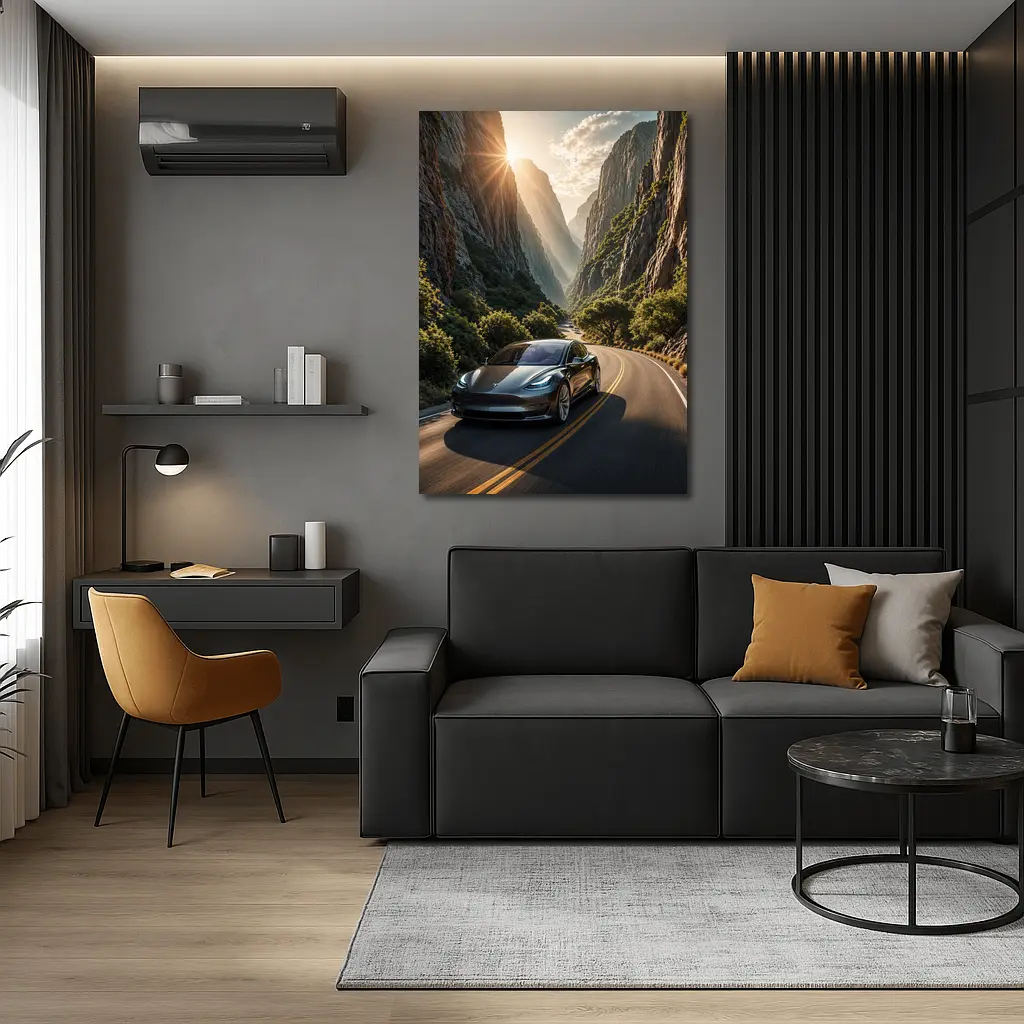 Tesla Model 3 Driving Through Mountain Canyon – Wall Art