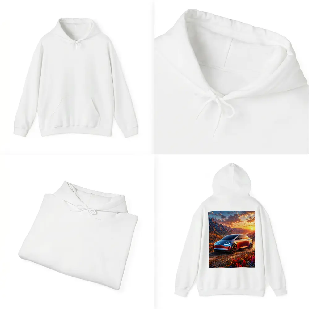 Tesla Model Y Mountain Sunset Landscape – Hoodies