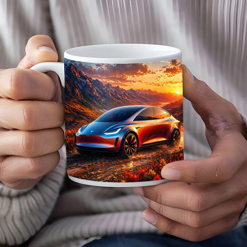 Tesla Model Y Mountain Sunset Landscape – Mugs
