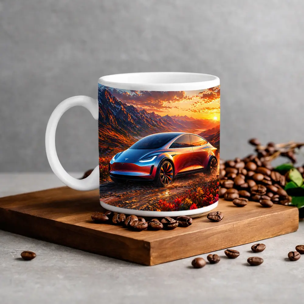 Tesla Model Y Mountain Sunset Landscape – Mugs