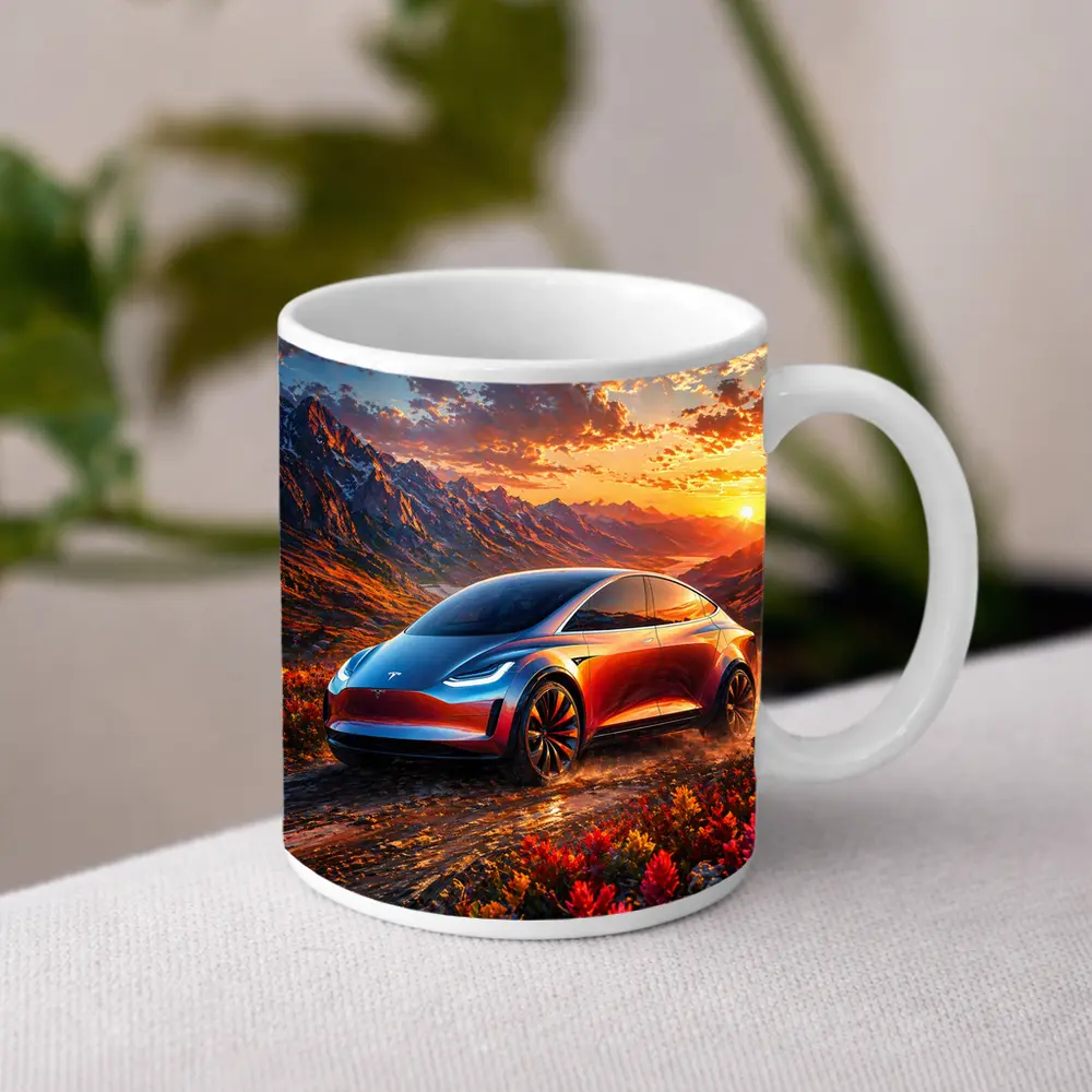 Tesla Model Y Mountain Sunset Landscape – Mugs