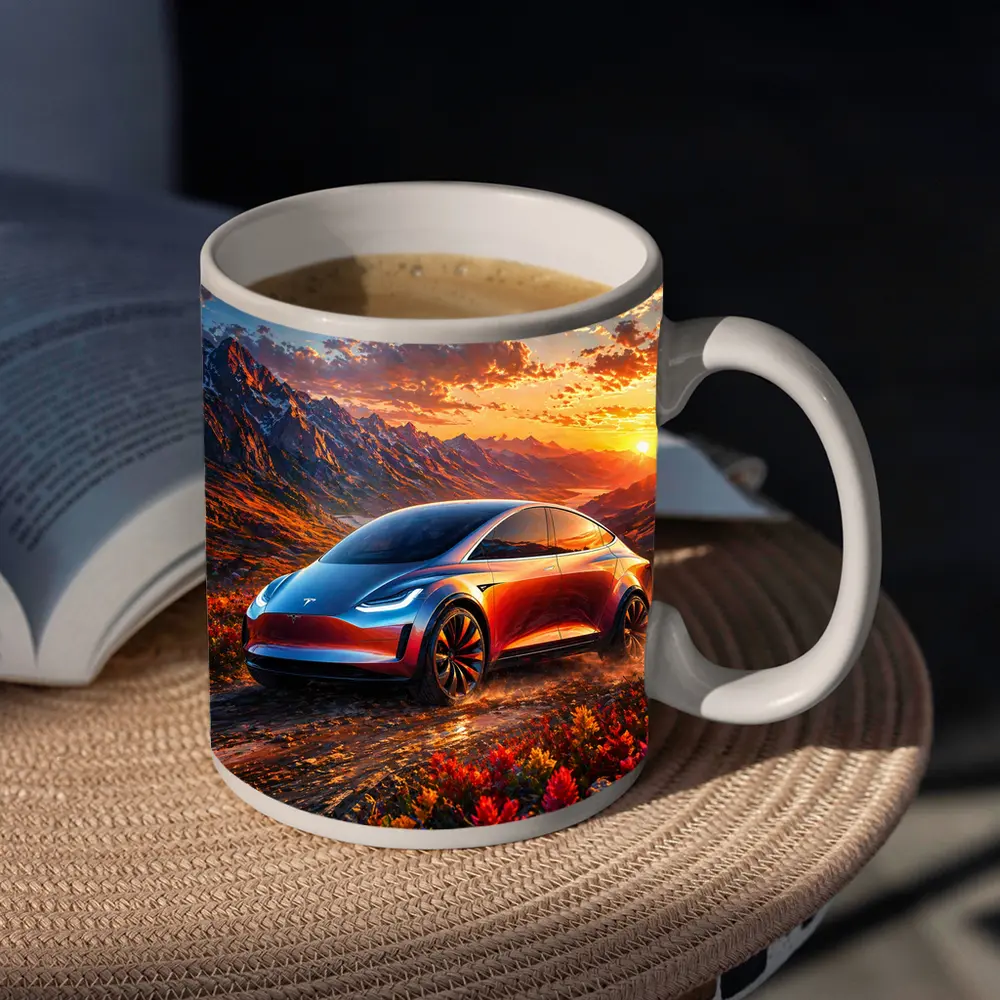 Tesla Model Y Mountain Sunset Landscape – Mugs