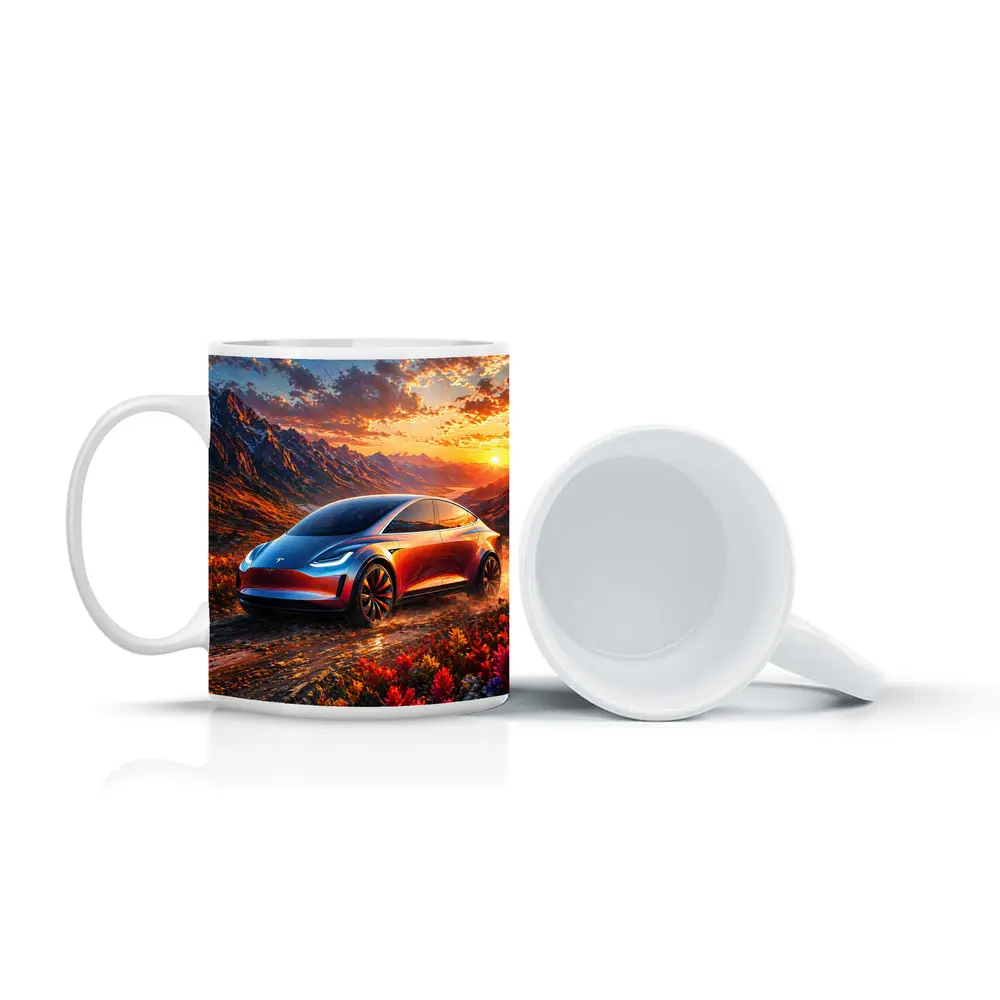 Tesla Model Y Mountain Sunset Landscape – Mugs