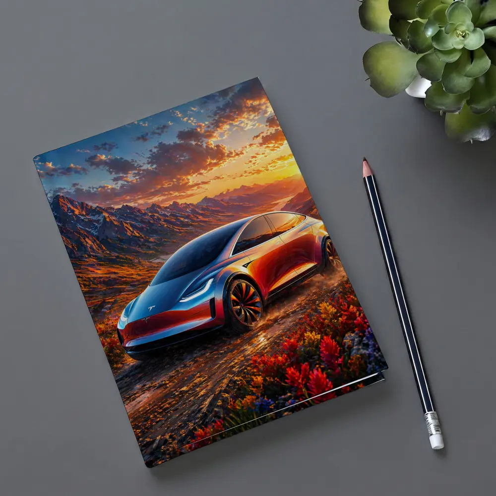 Tesla Model Y Mountain Sunset Landscape – Notebooks