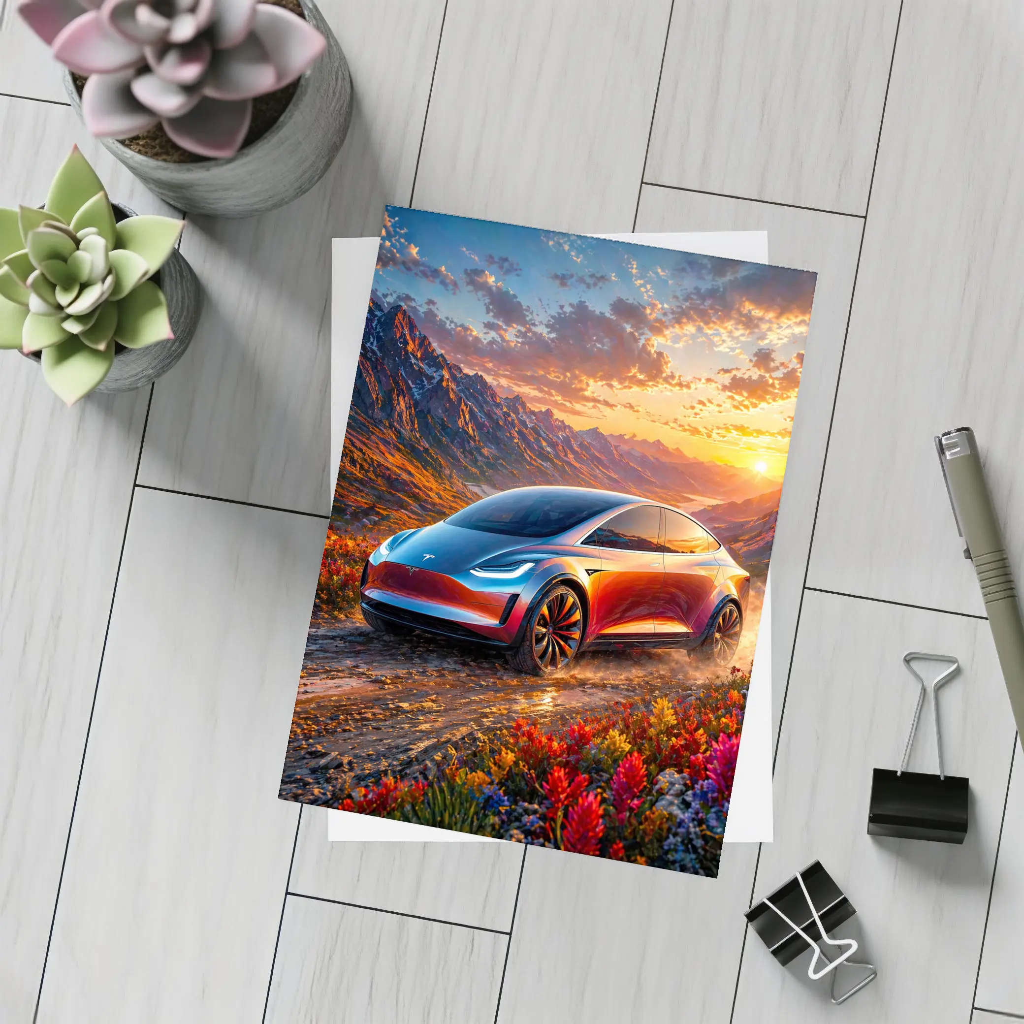 Tesla Model Y Mountain Sunset Landscape – Postcards