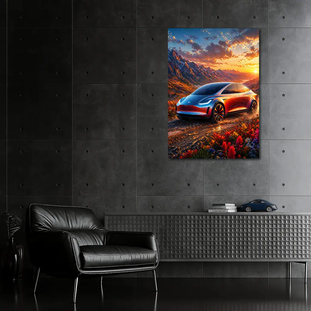 Tesla Model Y Mountain Sunset Landscape – Wall Art
