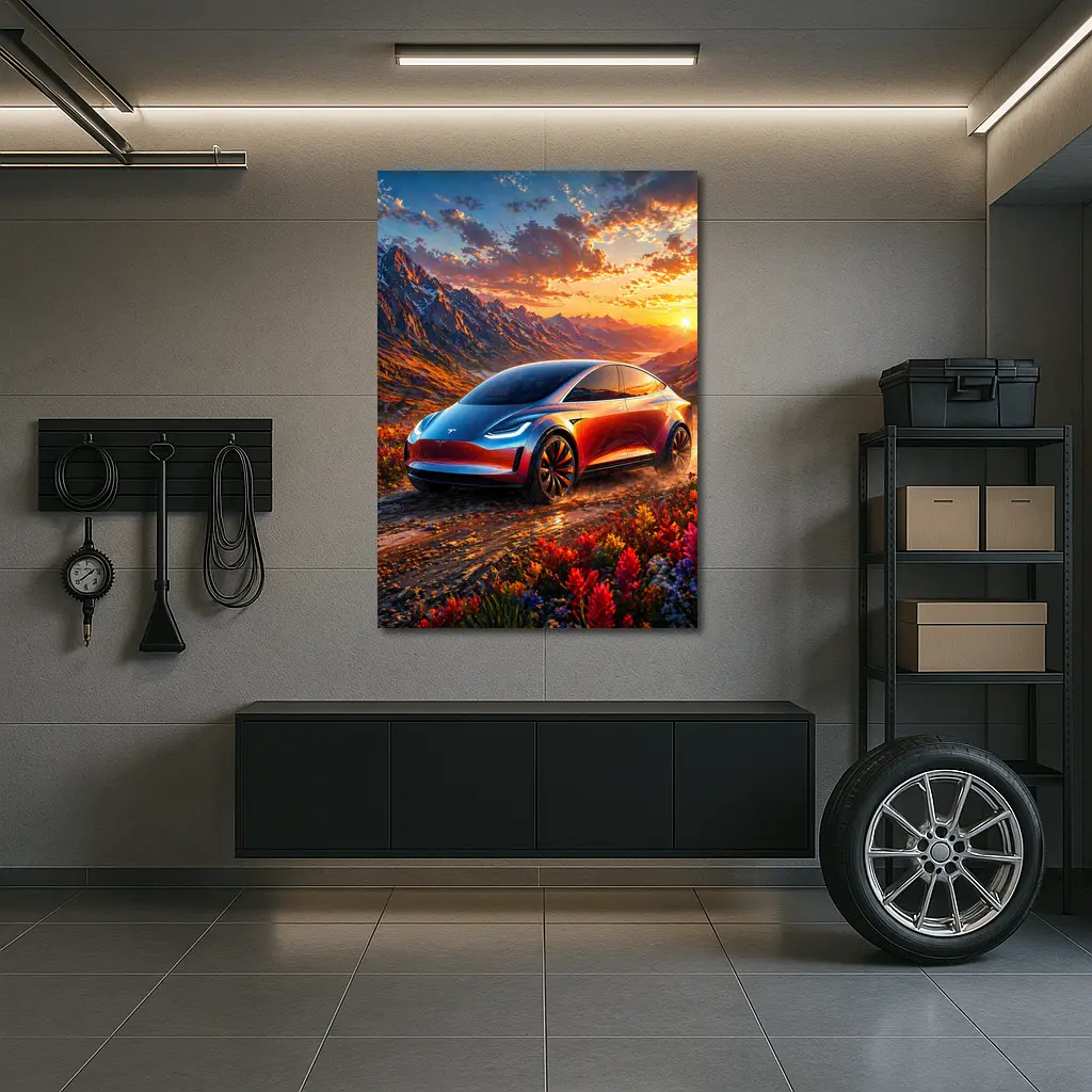 Tesla Model Y Mountain Sunset Landscape – Wall Art