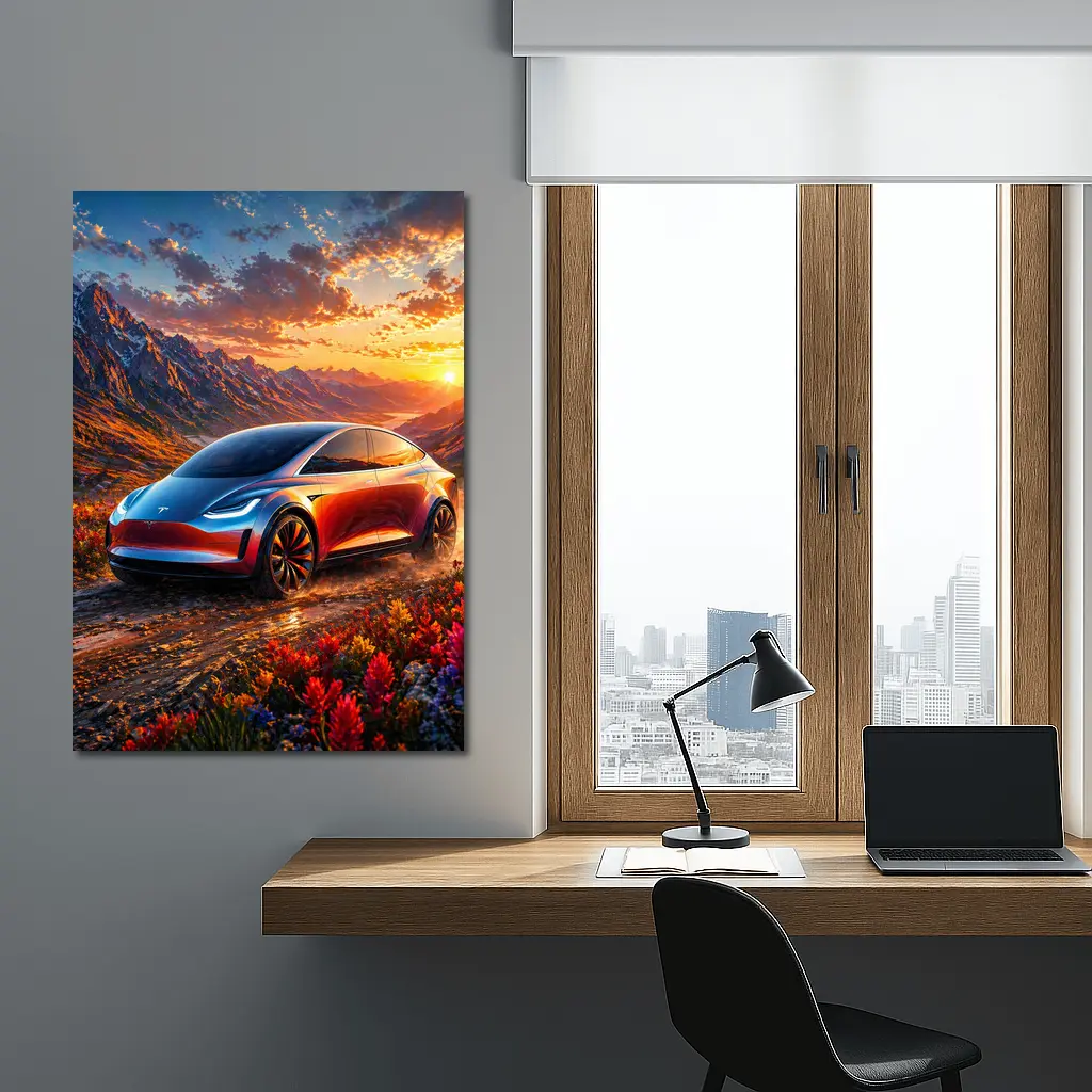 Tesla Model Y Mountain Sunset Landscape – Wall Art