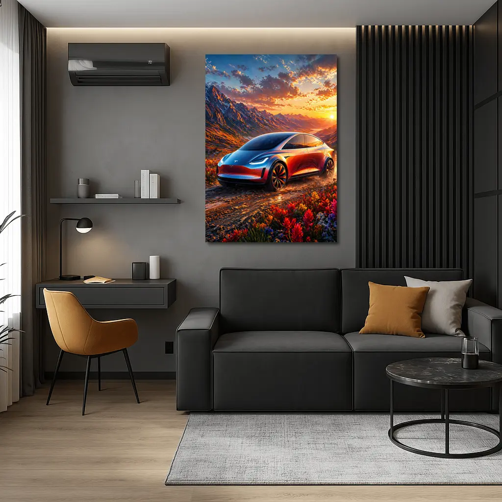 Tesla Model Y Mountain Sunset Landscape – Wall Art