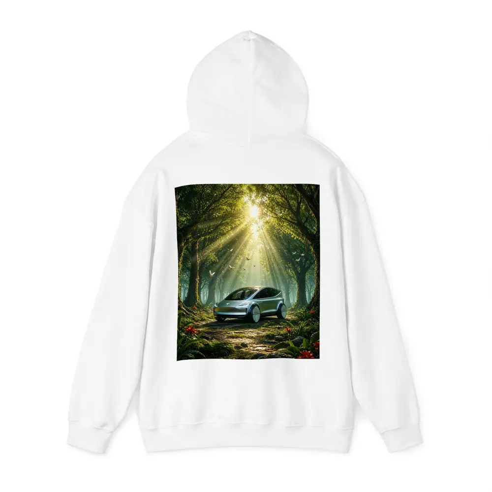 Tesla Model Y Futuristic Forest Sun Rays – Hoodies