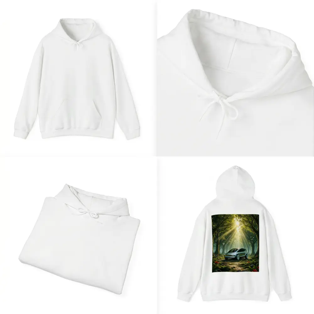 Tesla Model Y Futuristic Forest Sun Rays – Hoodies
