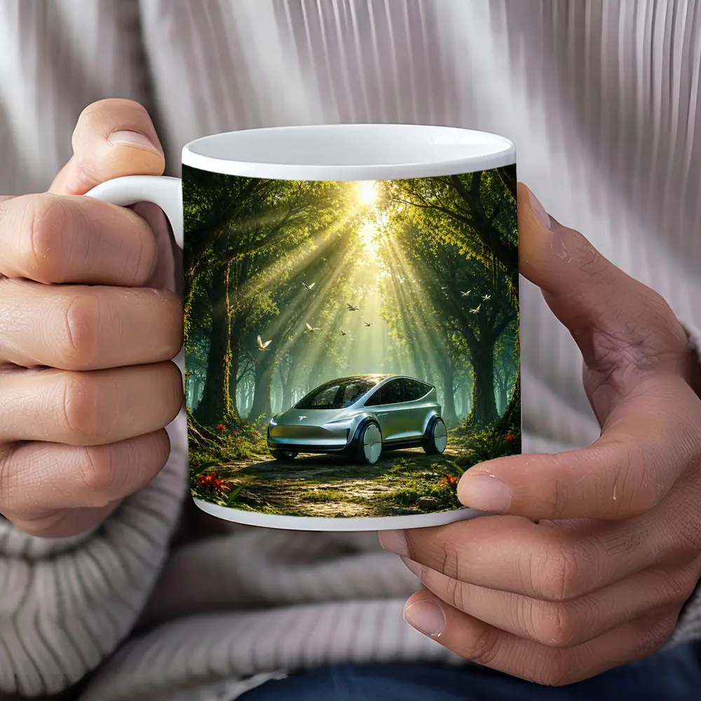 Tesla Model Y Futuristic Forest Sun Rays – Mugs