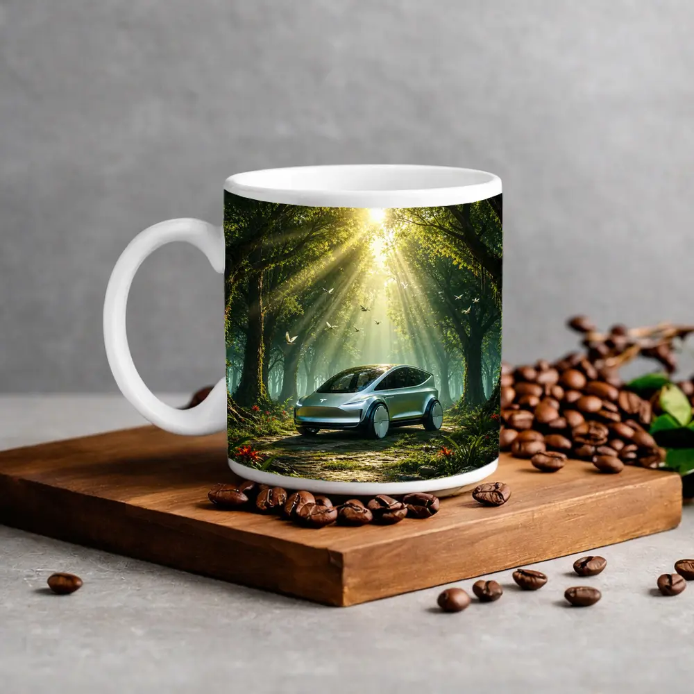Tesla Model Y Futuristic Forest Sun Rays – Mugs