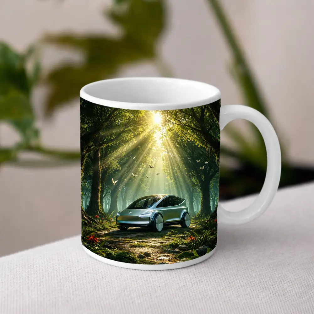 Tesla Model Y Futuristic Forest Sun Rays – Mugs