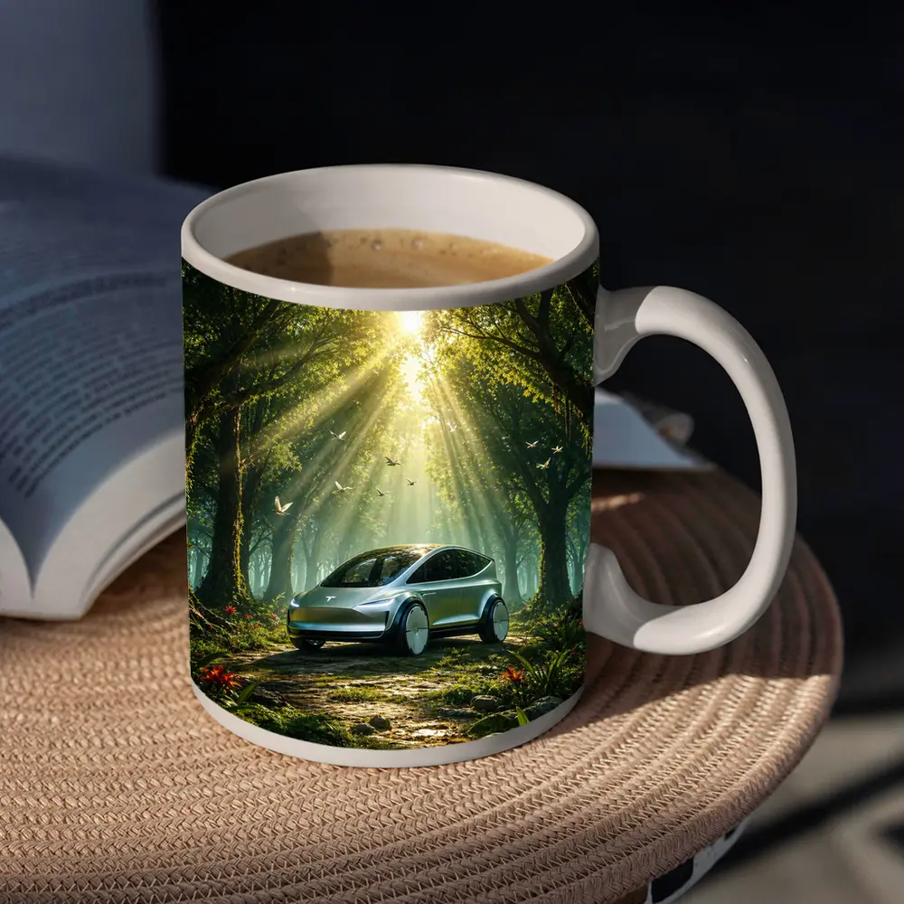Tesla Model Y Futuristic Forest Sun Rays – Mugs
