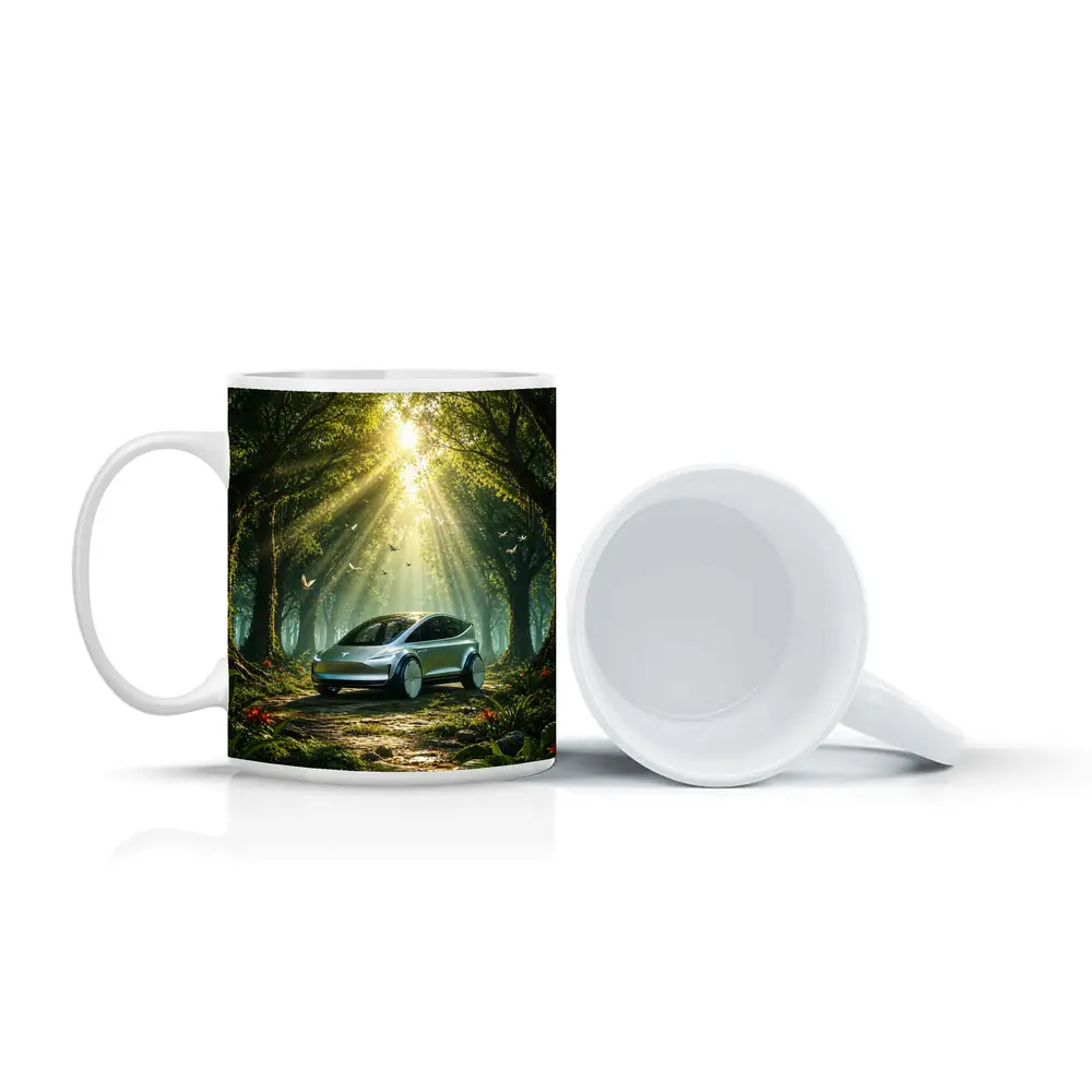 Tesla Model Y Futuristic Forest Sun Rays – Mugs
