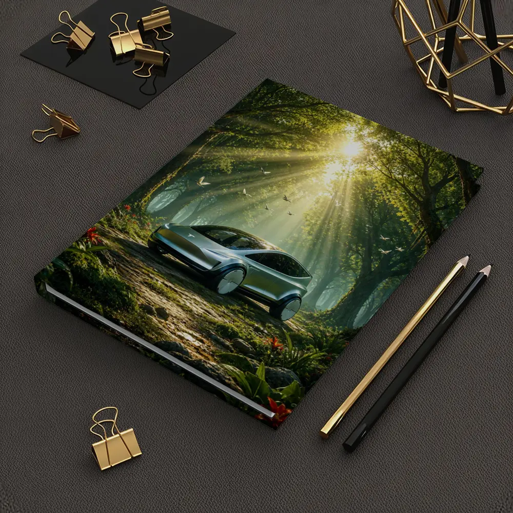 Tesla Model Y Futuristic Forest Sun Rays – Notebooks