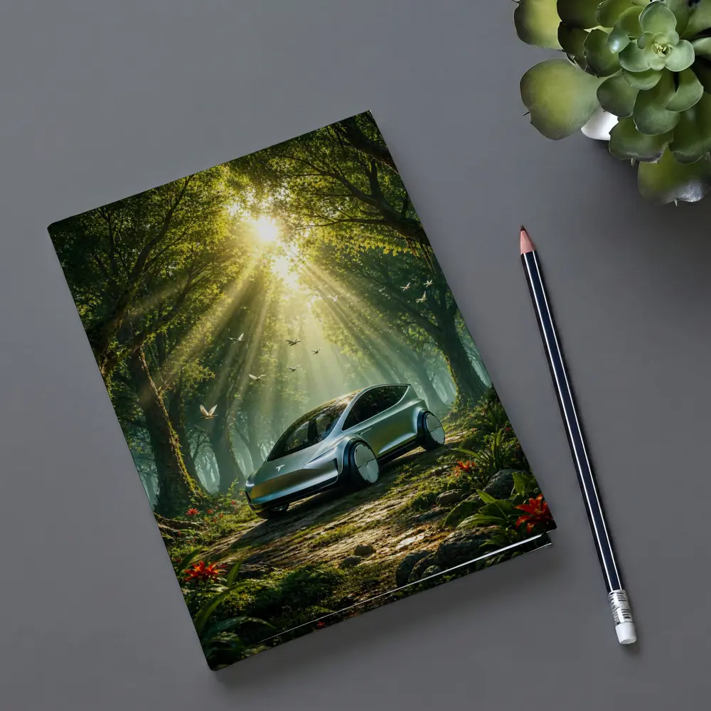 Tesla Model Y Futuristic Forest Sun Rays – Notebooks