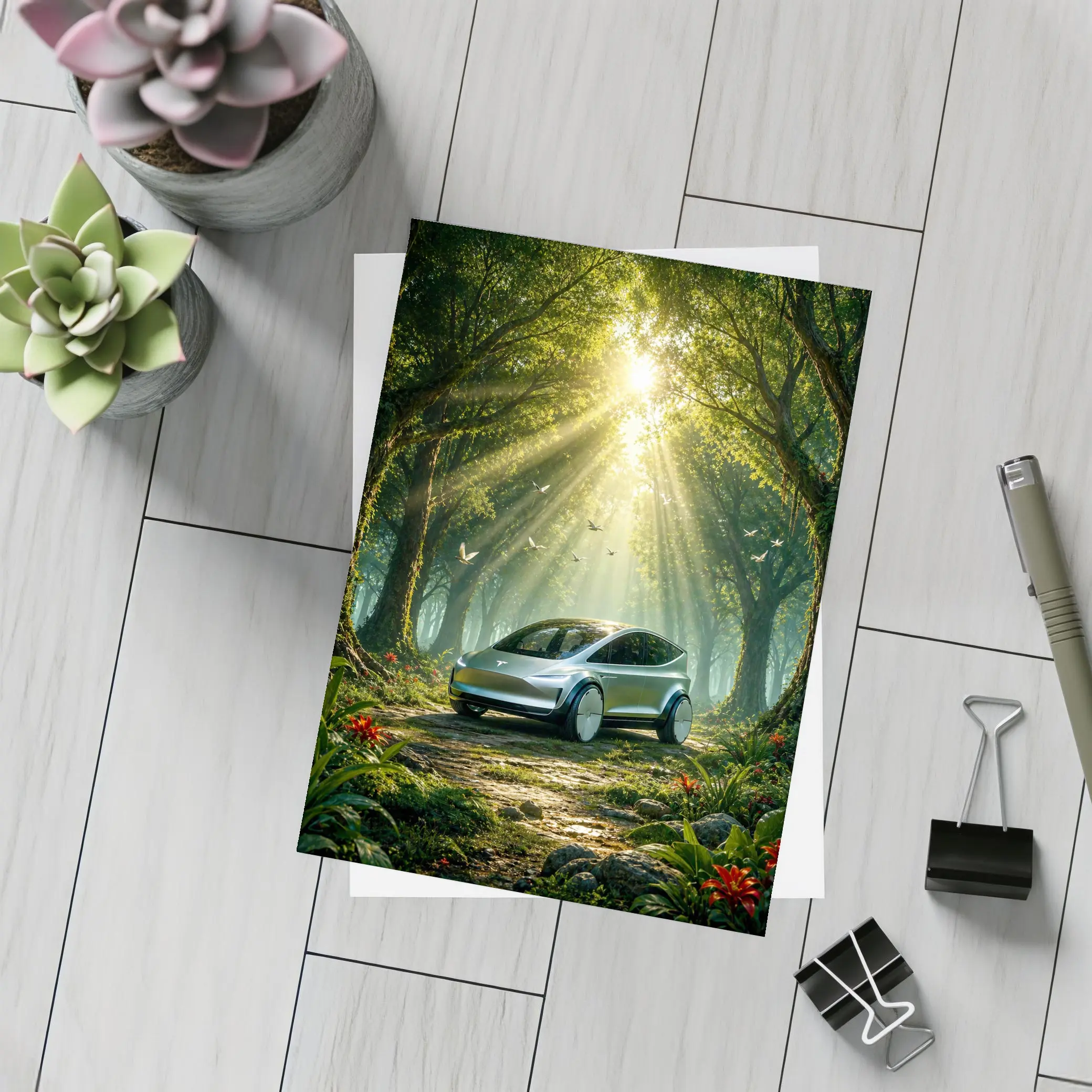 Tesla Model Y Futuristic Forest Sun Rays – Postcards