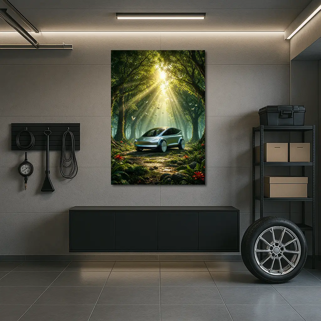 Tesla Model Y Futuristic Forest Sun Rays – Wall Art