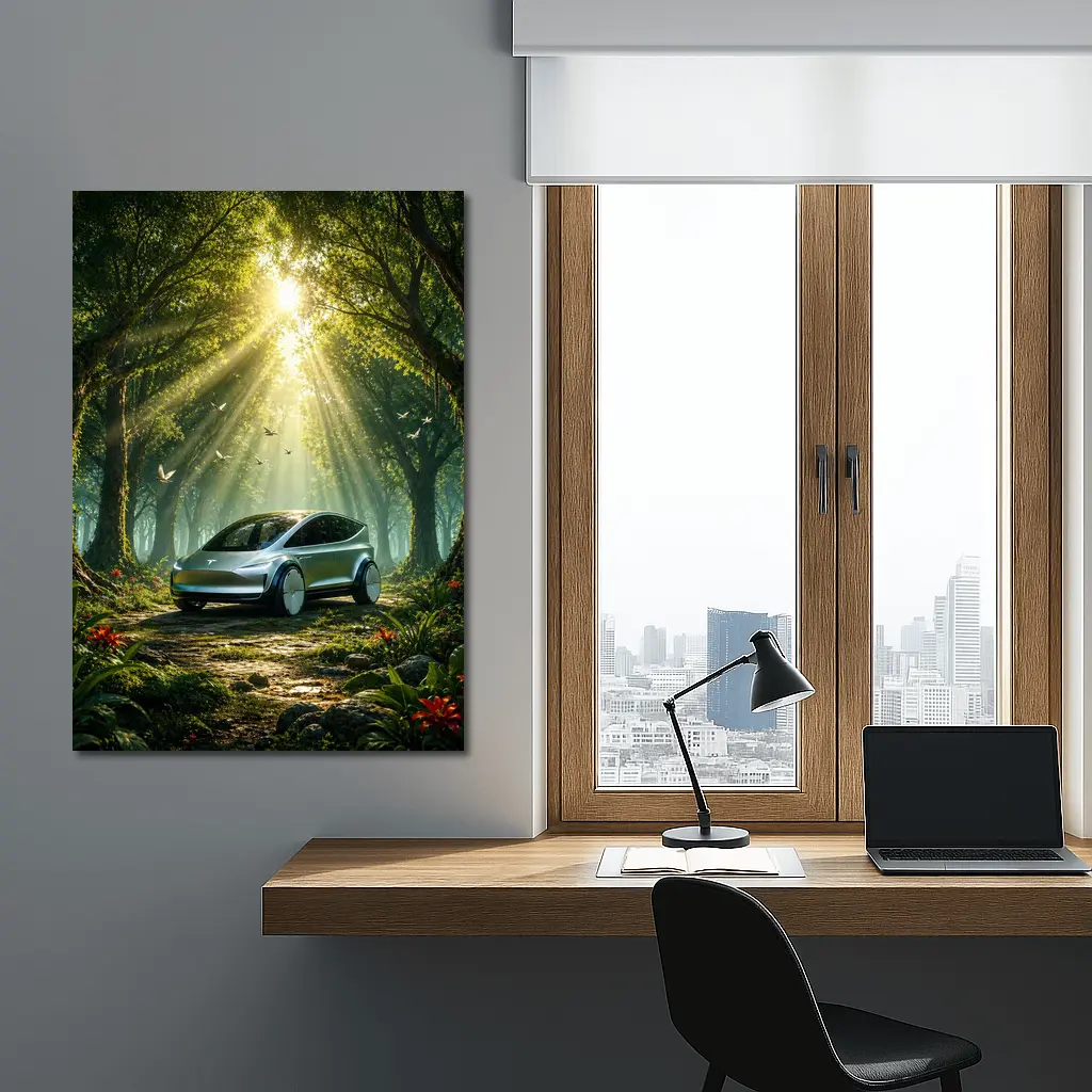 Tesla Model Y Futuristic Forest Sun Rays – Wall Art