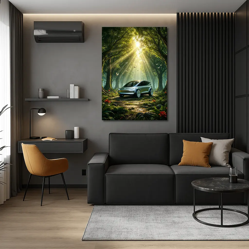 Tesla Model Y Futuristic Forest Sun Rays – Wall Art