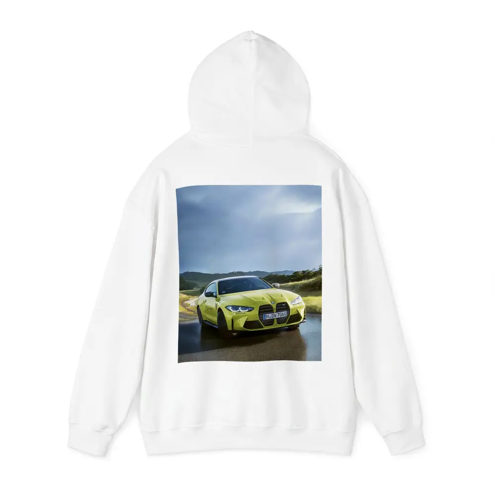 BMW M4 Competition Yellow on Wet Road – Hoodies