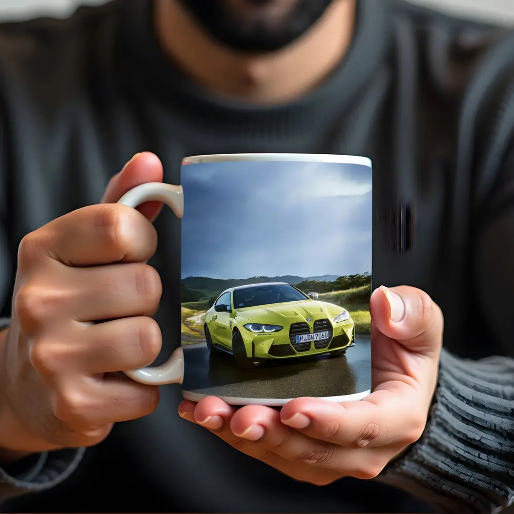 BMW M4 Competition Yellow on Wet Road – Mugs