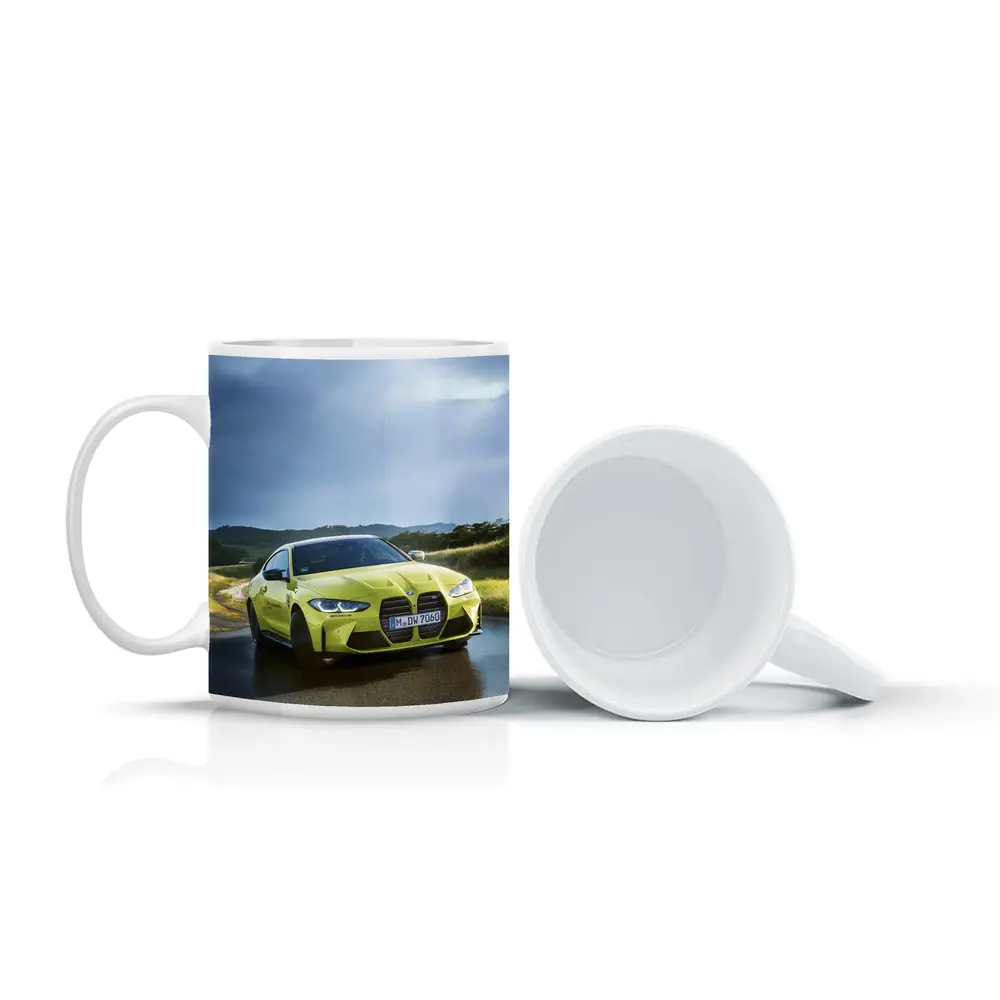 BMW M4 Competition Yellow on Wet Road – Mugs