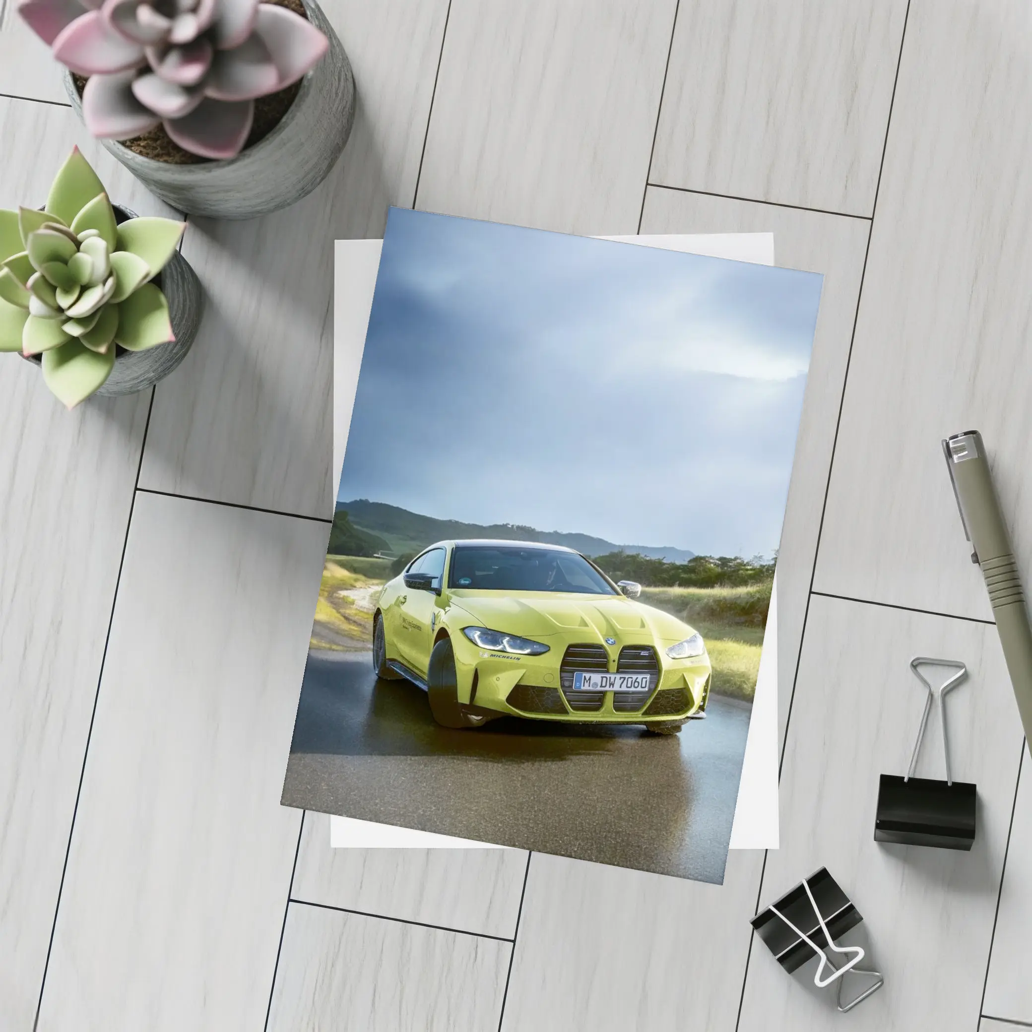 BMW M4 Competition Yellow on Wet Road – Postcards