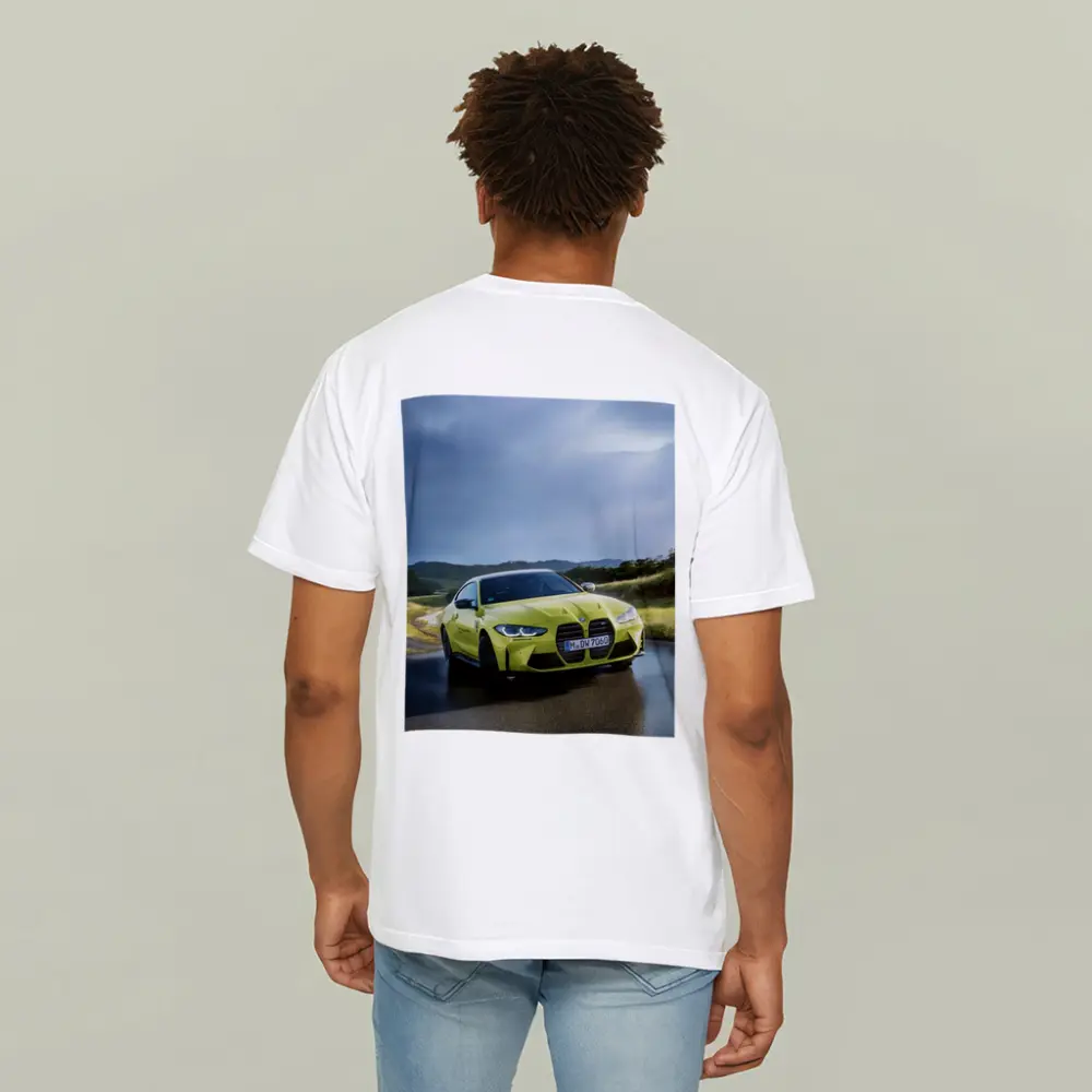 BMW M4 Competition Yellow on Wet Road – T-Shirts