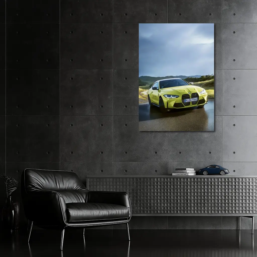 BMW M4 Competition Yellow on Wet Road – Wall Art