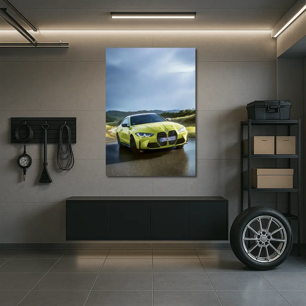 BMW M4 Competition Yellow on Wet Road – Wall Art