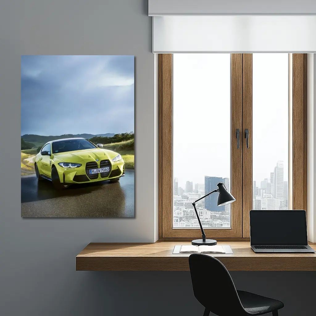 BMW M4 Competition Yellow on Wet Road – Wall Art
