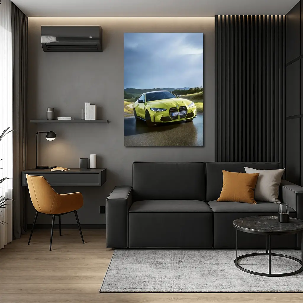 BMW M4 Competition Yellow on Wet Road – Wall Art