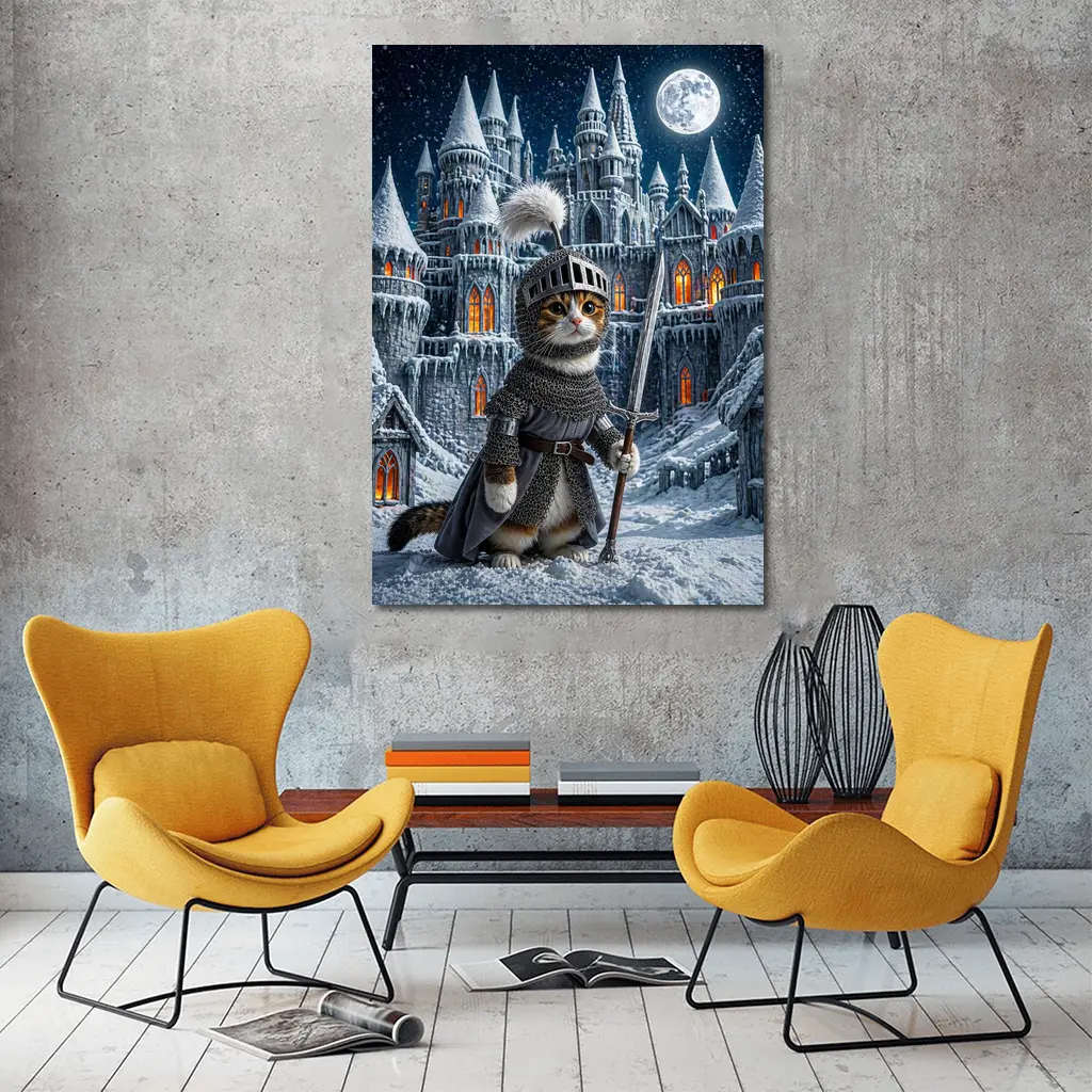 Cat Knight Snow Castle Moon Night – Wall Art