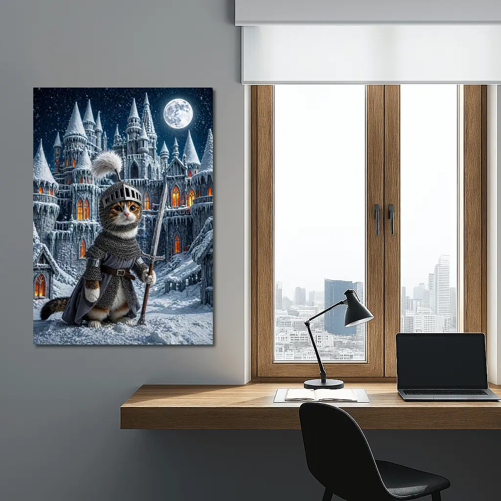 Cat Knight Snow Castle Moon Night – Wall Art
