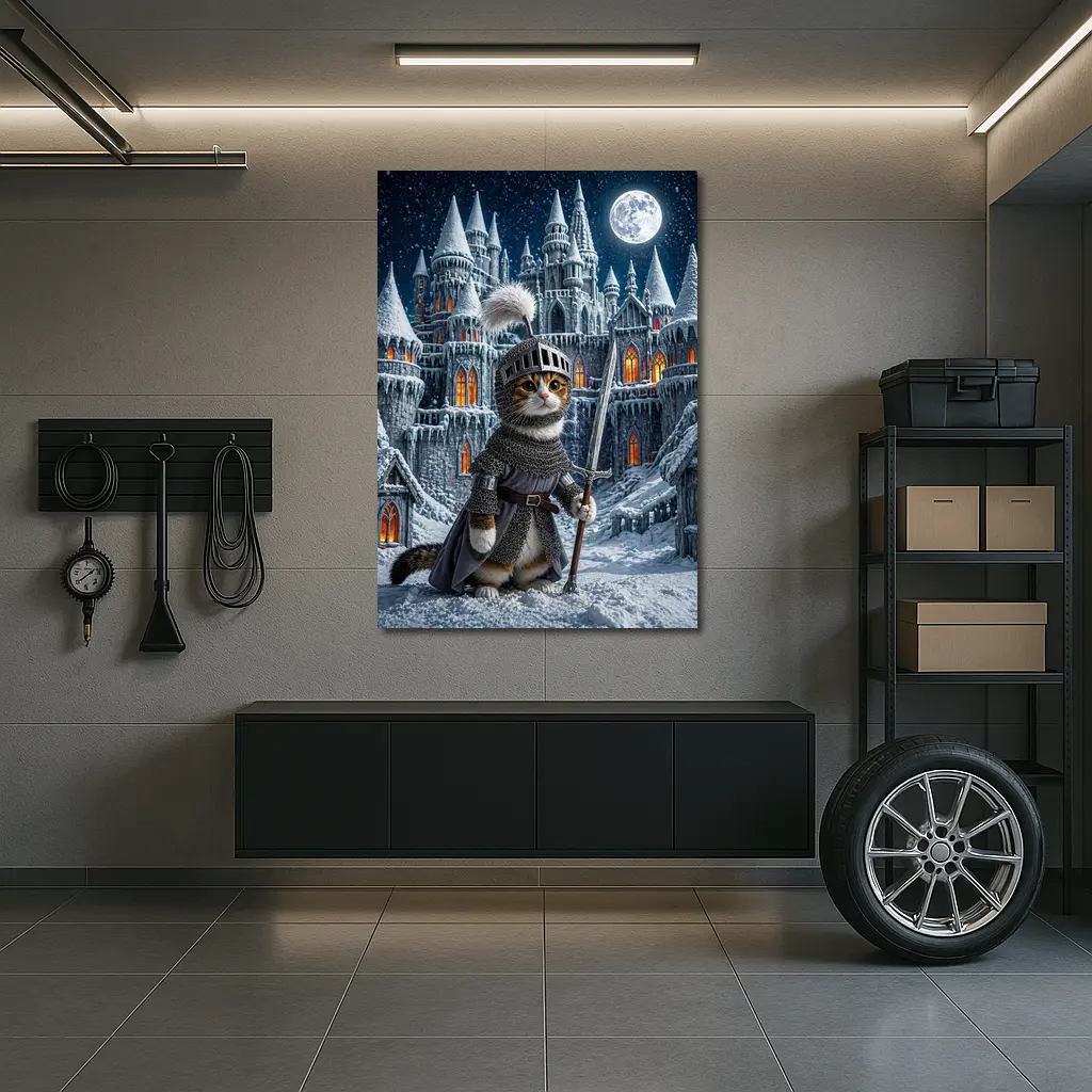 Cat Knight Snow Castle Moon Night – Wall Art