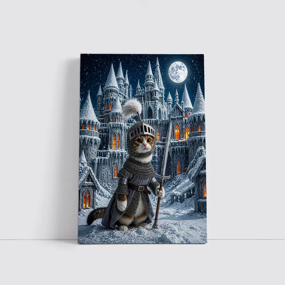 Cat Knight Snow Castle Moon Night – Wall Art