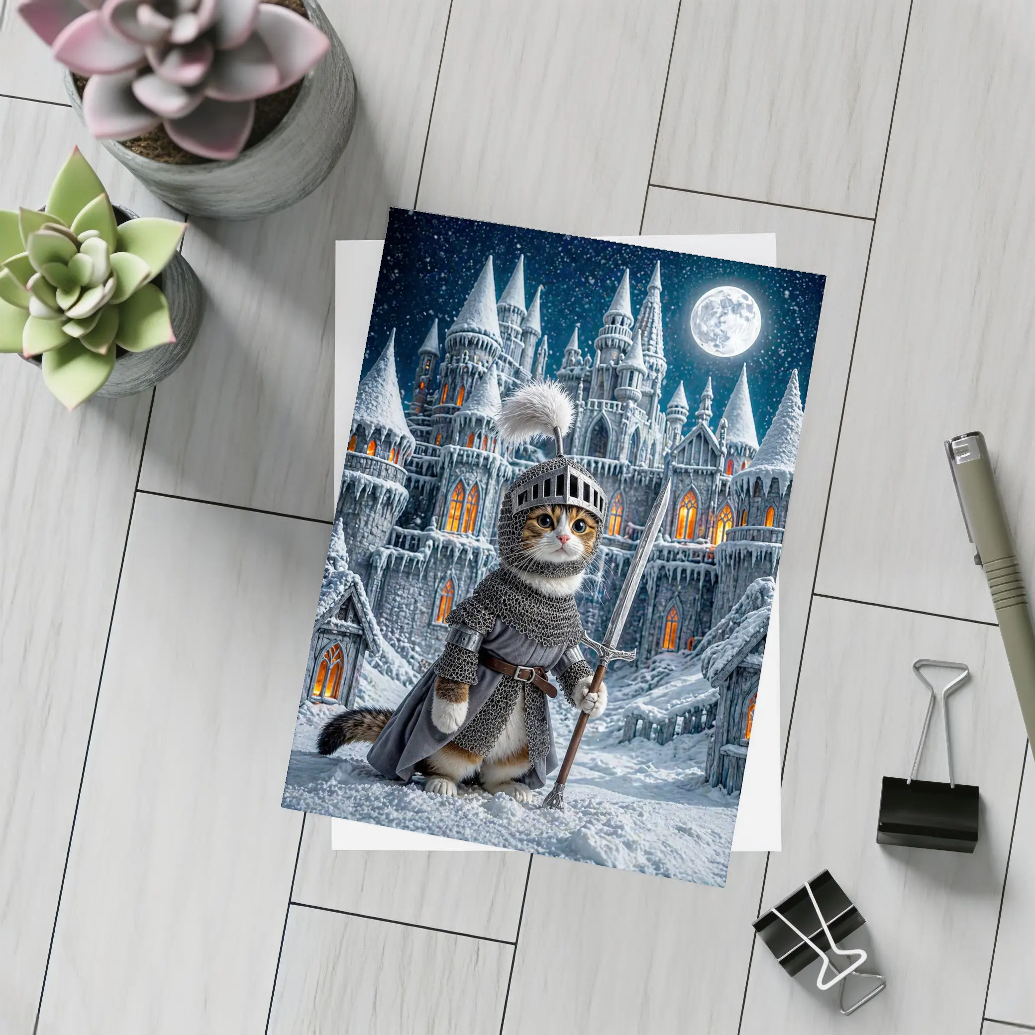 Cat Knight Snow Castle Moon Night – Postcards